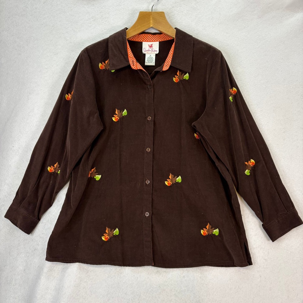 Quacker Factory Corduroy Shirt Women's 1X Brown Embroidered Autumn‎ Leaves Cabin